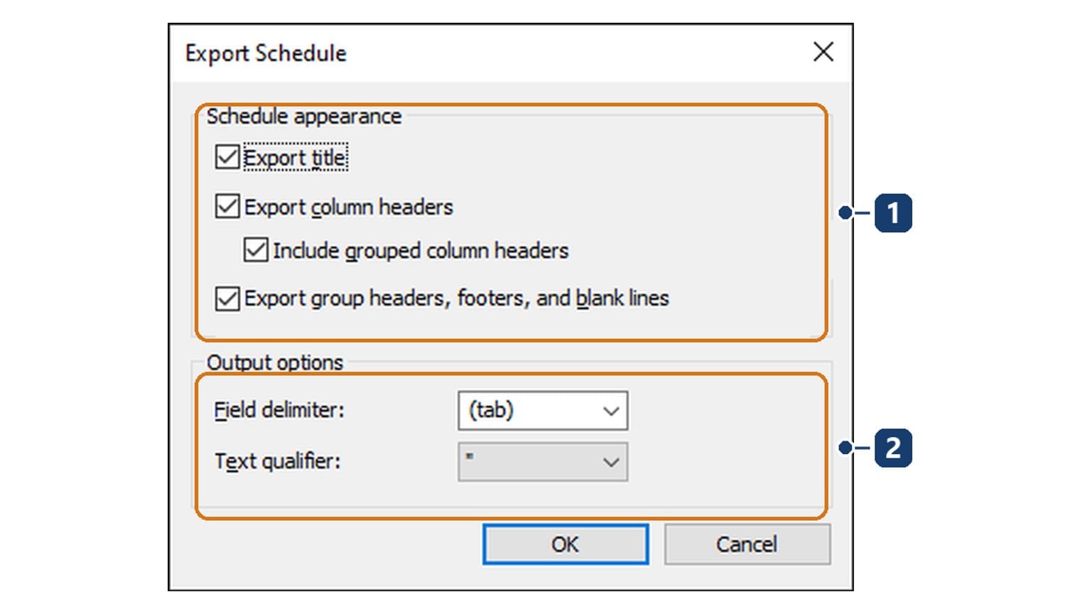 Hộp tùy chọn Export Schedule