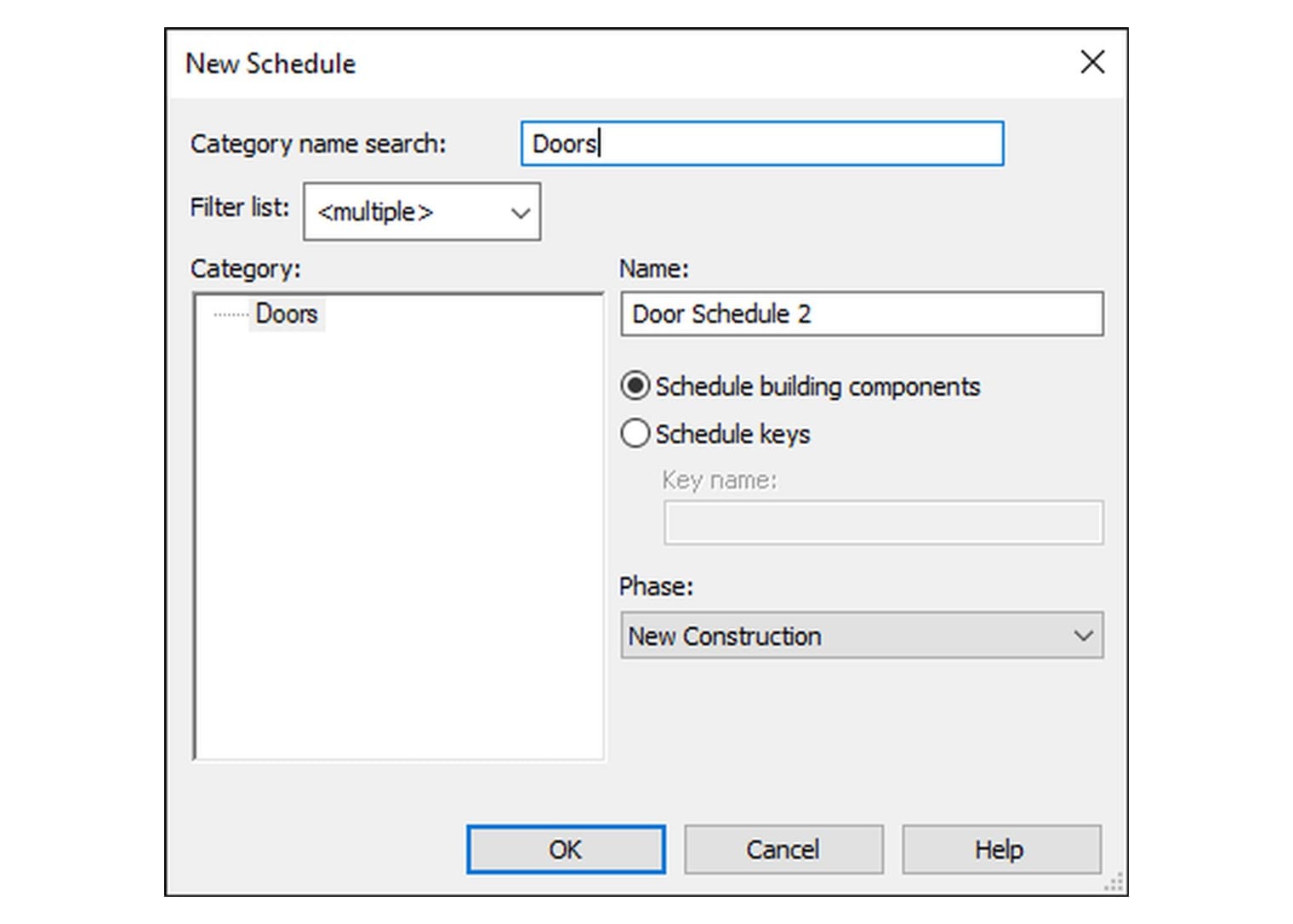 Hộp New Schedule sau khi gõ Doors