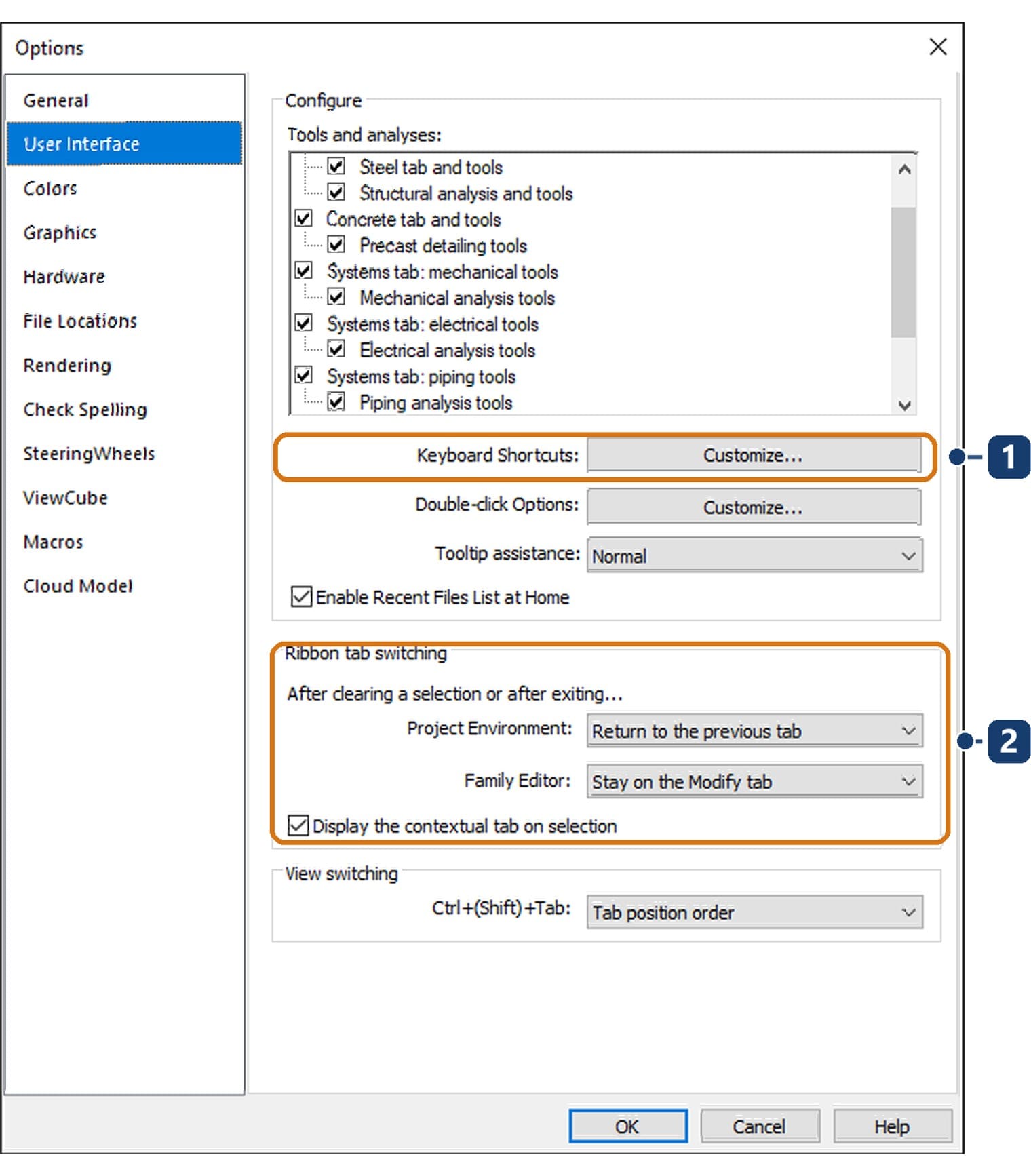Trang User Interface của hộp Options