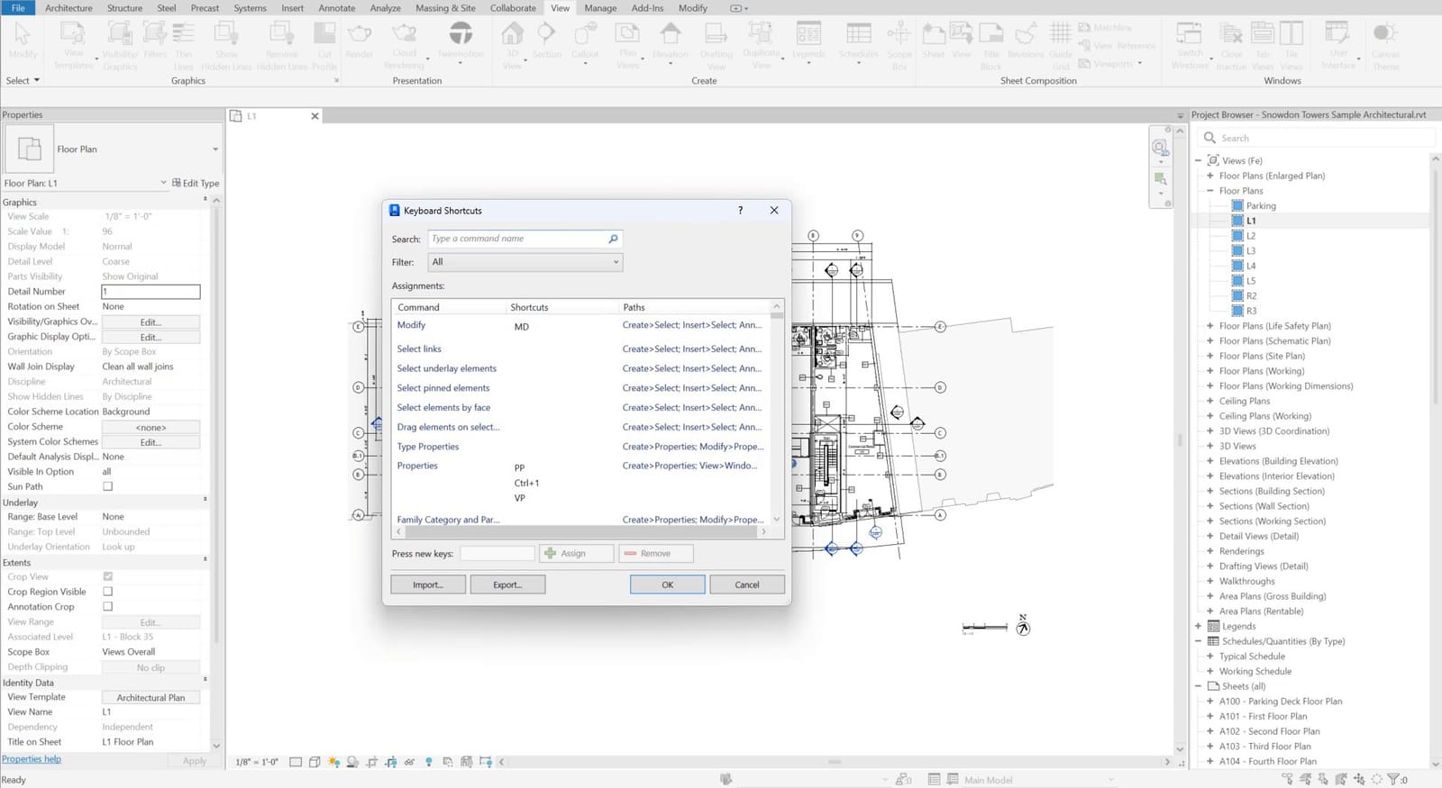 Hộp Keyboard Shortcuts mở trên giao diện Revit, cột Shortcuts ghi phím tắt của từng lệnh