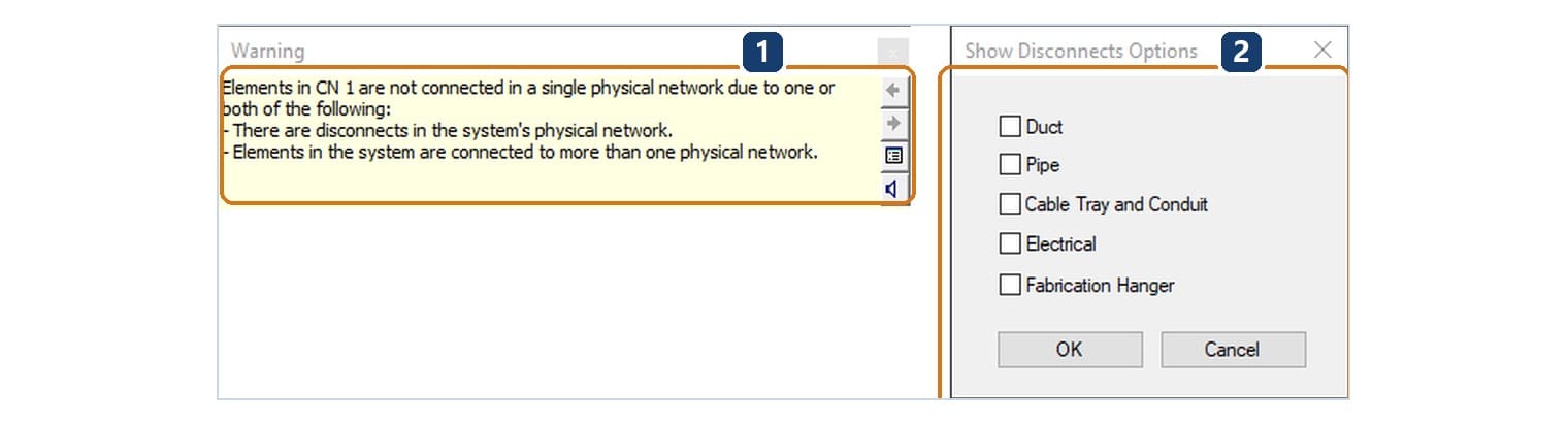 1 cảnh báo hệ không nằm trong một mạng vật lý; 2 hộp Show Disconnects Options, bật dấu ở bộ môn nào thì Revit chỉ đầu hở của bộ môn đó