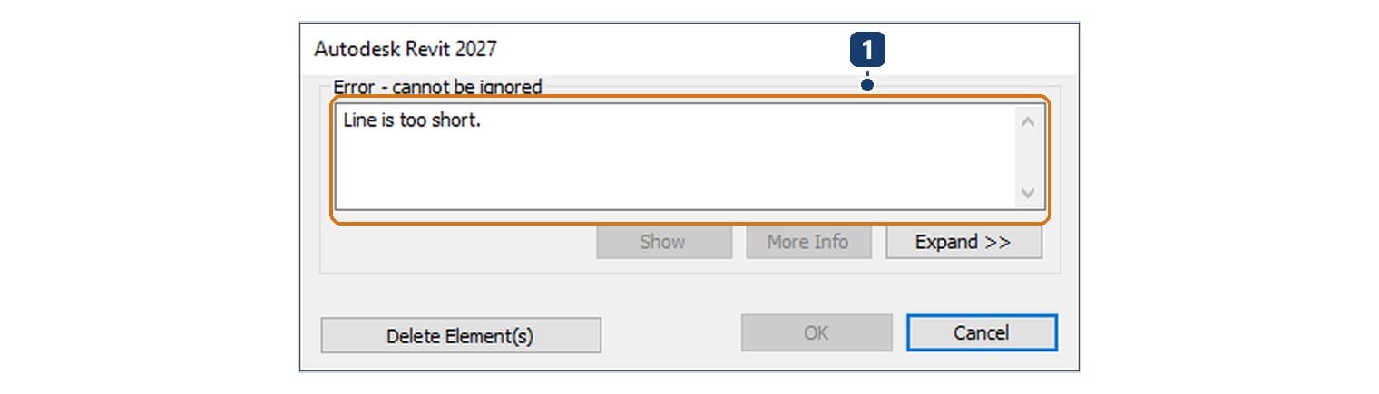 1 hộp Error – cannot be ignored với dòng Line is too short; hộp này chỉ có Cancel và Delete Elements, không bỏ qua được