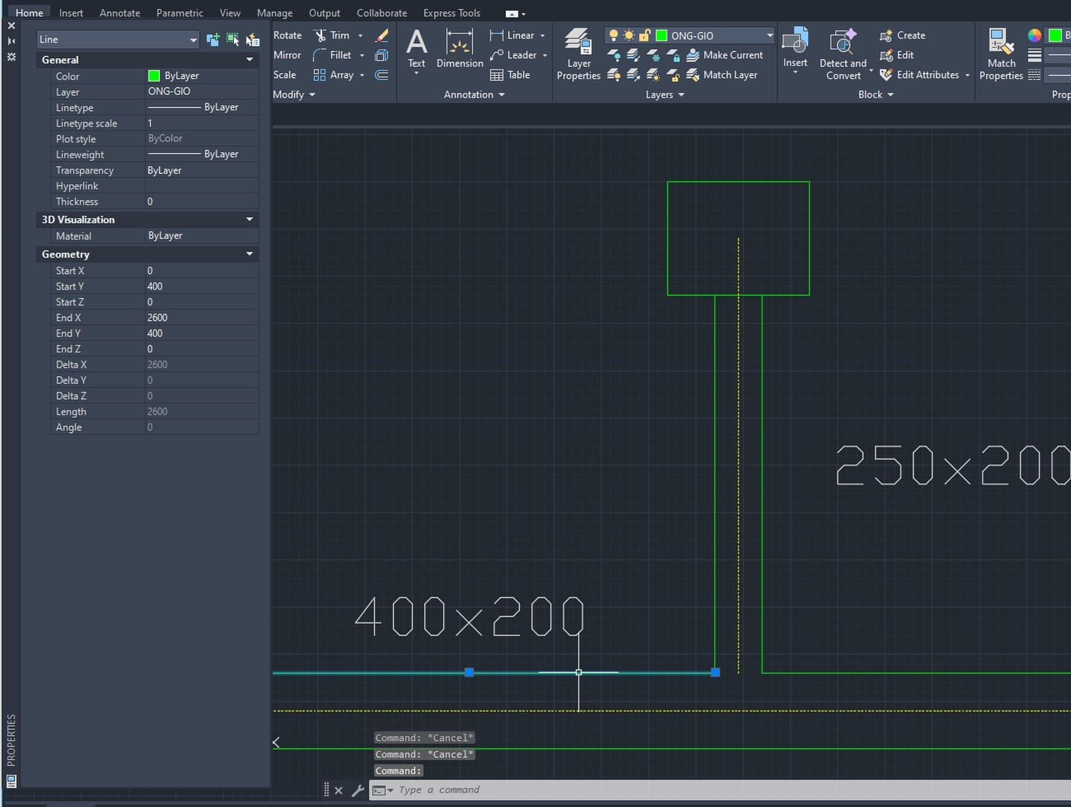 The Properties palette for a line in AutoCAD shows only layer, colour, linetype, length and the two end coordinates