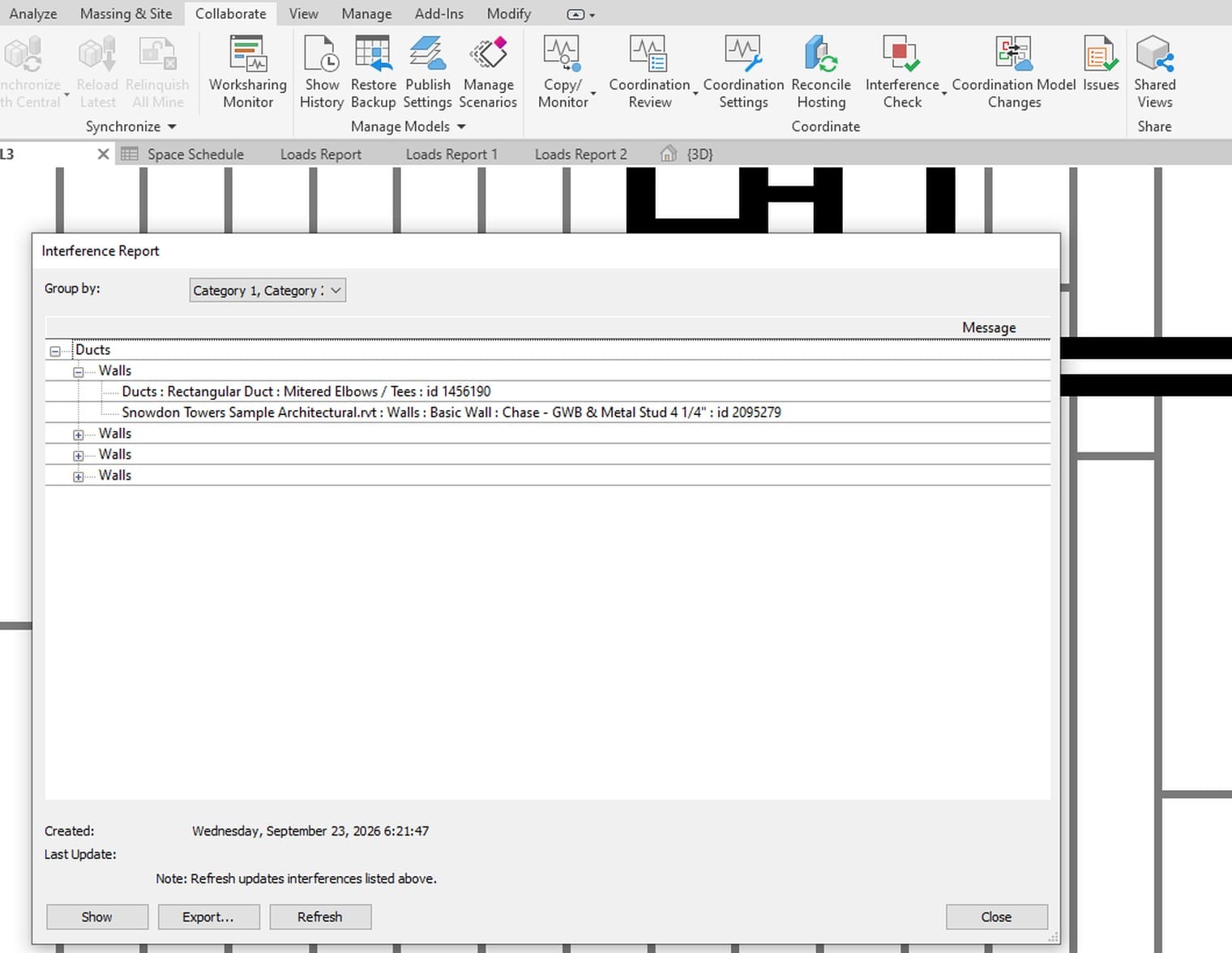 The Interference Check report listing each clash between the ducts of the services model and the walls of the linked architectural model