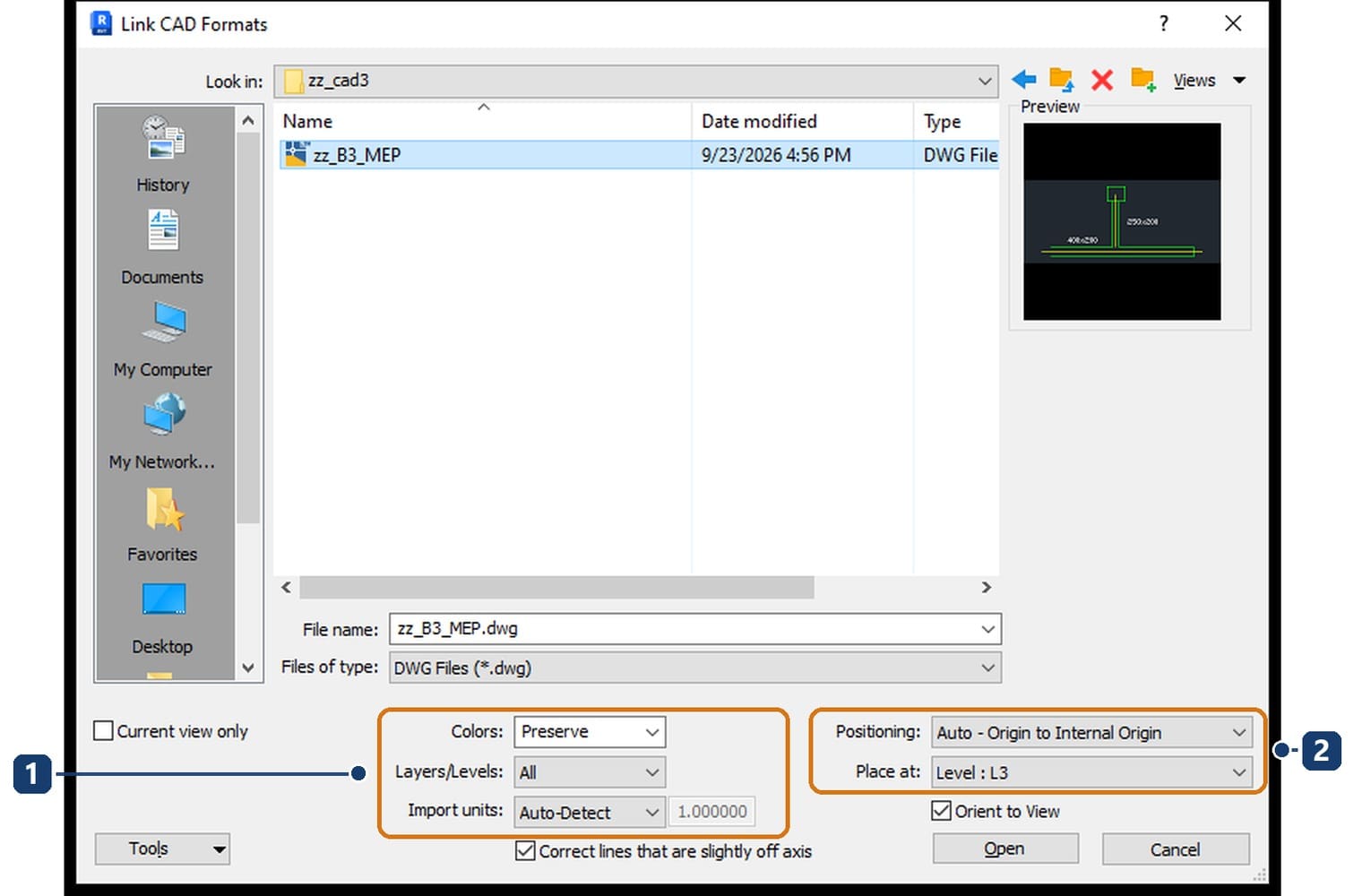 The Link CAD Formats dialog: 1 is Colors, Layers/Levels and Import units; 2 is Positioning and Place at