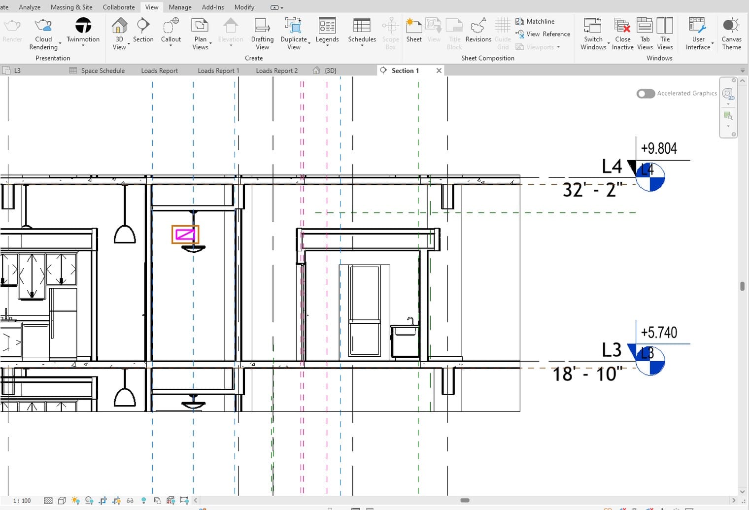 A section cut across the corridor, with the duct inside the orange box sitting at its true elevation without being redrawn