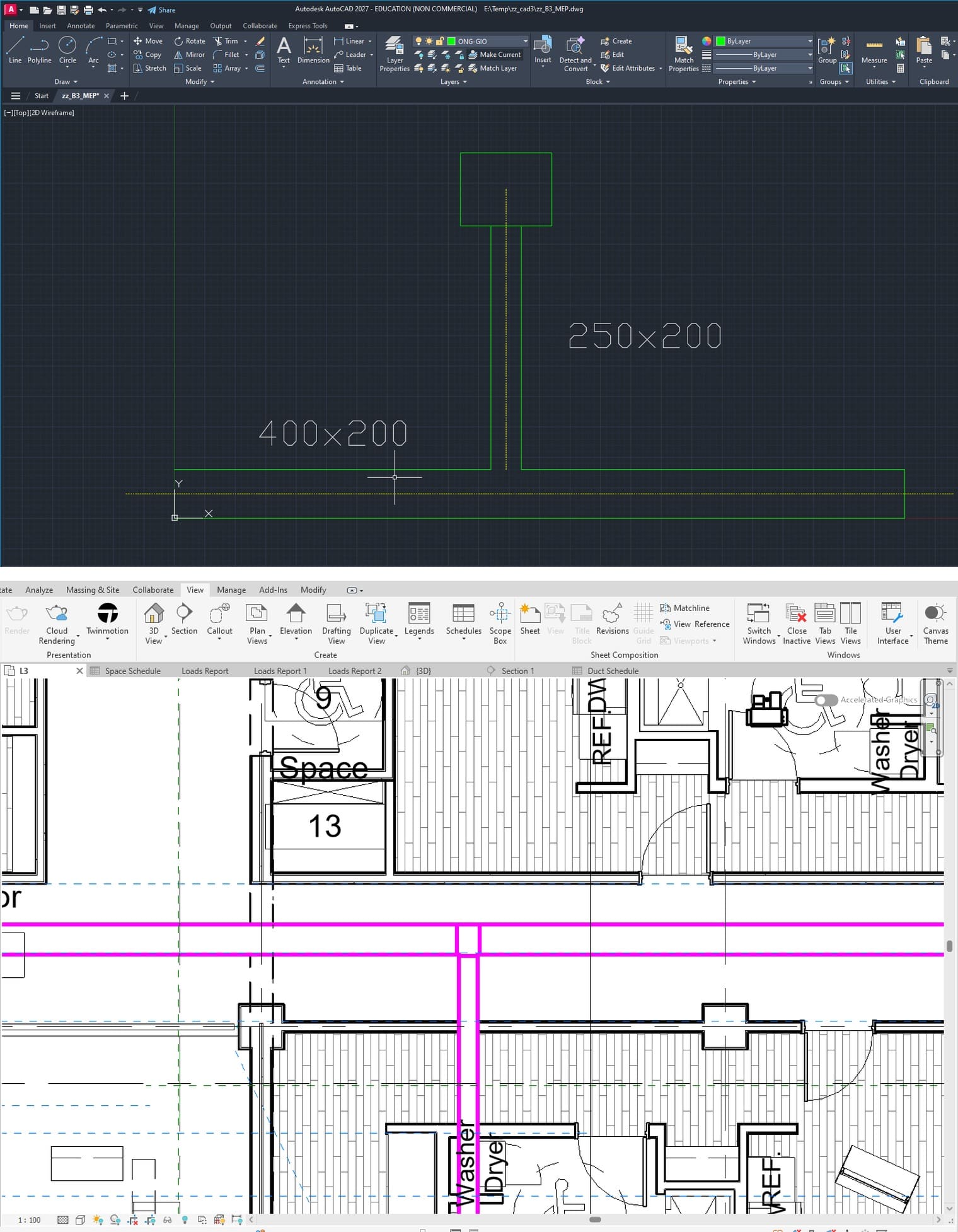 The same 400x200 duct run with a branch, drawn with lines in AutoCAD above and modelled in Revit below