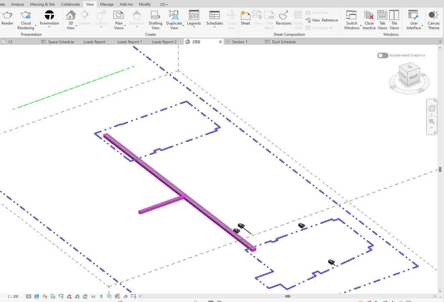 The duct run and its branch seen in a three dimensional view of the same model