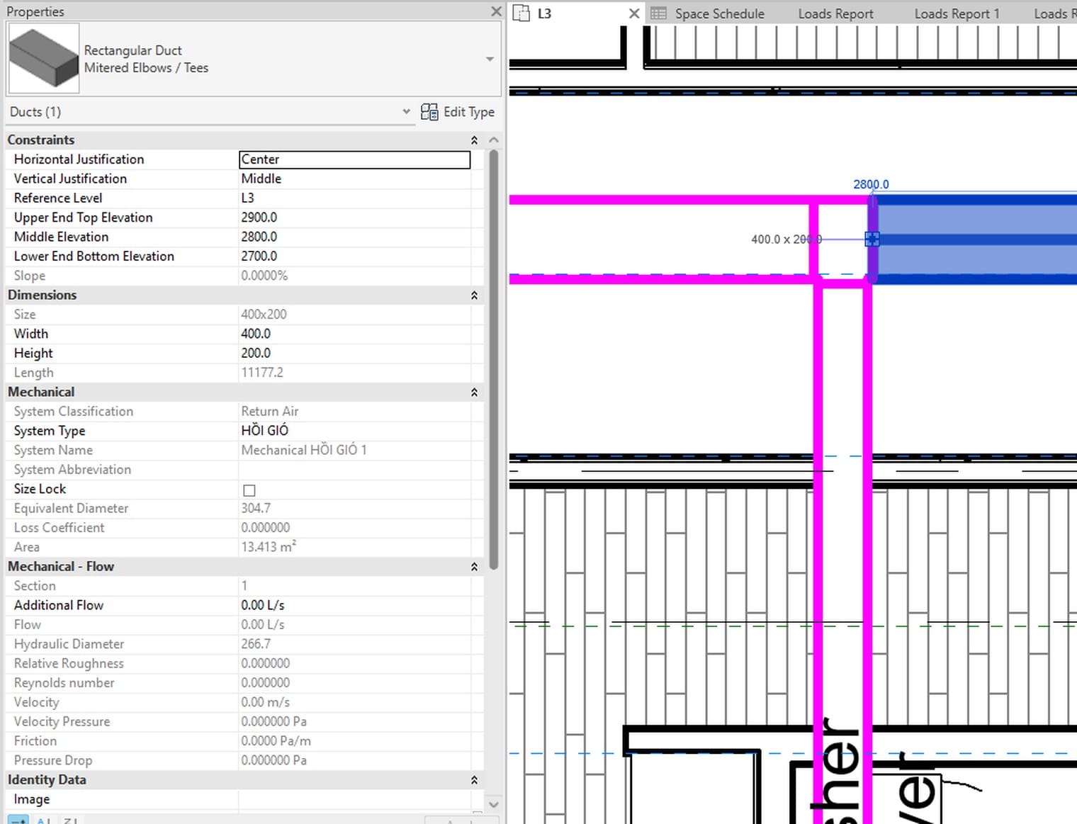 The Properties palette for the Revit duct with size, three elevations, length, system type and surface area