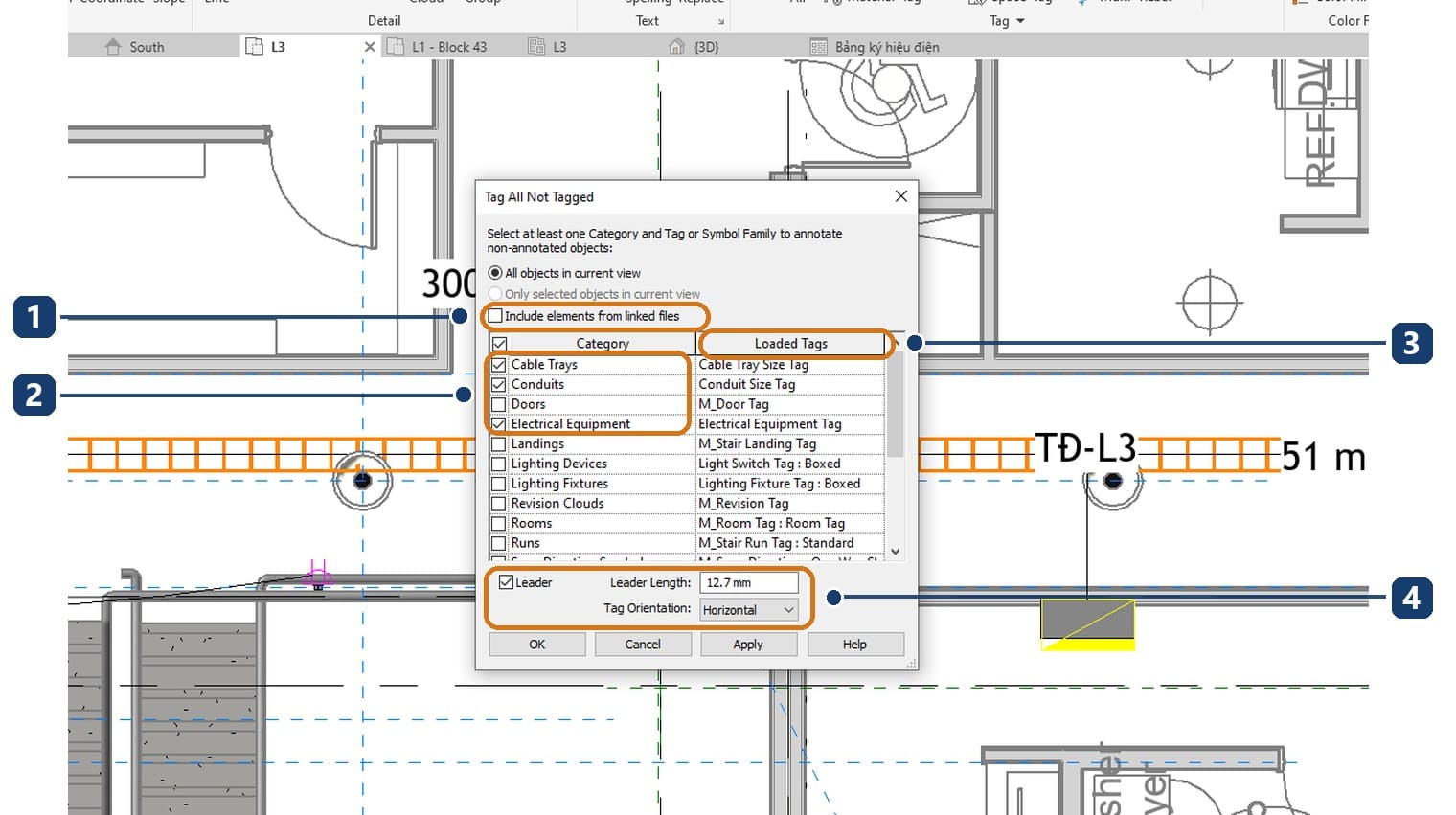 1 ô Include elements from linked files cho đối tượng của mô hình liên kết; 2 ba nhóm đã tick; 3 cột Loaded Tags; 4 ô Leader và ô Tag Orientation