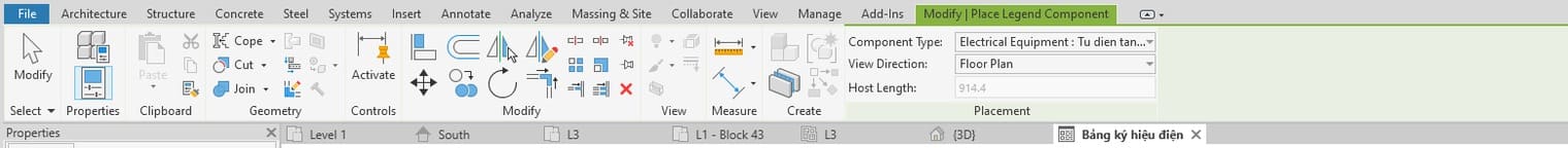 Thẻ ngữ cảnh Modify | Place Legend Component với panel Placement gồm Component Type, View Direction và Host Length