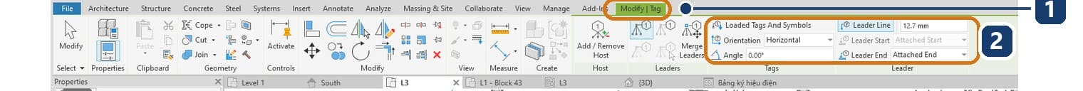 1 thẻ ngữ cảnh Modify | Tag đang sáng trên hàng tên thẻ; 2 các ô của nhãn gồm Orientation, Angle, Leader Line và chiều dài đường dẫn