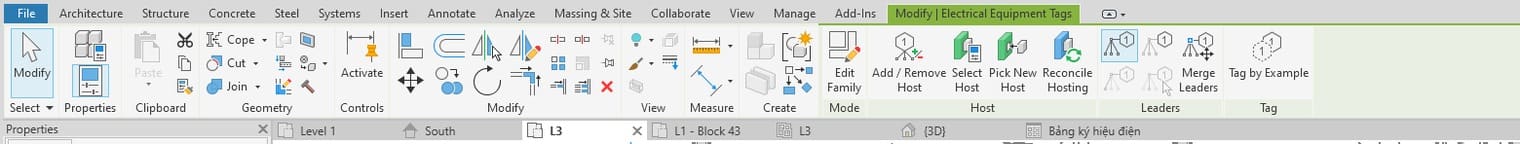 Chọn nhãn thì hàng tên thẻ hiện Modify | Electrical Equipment Tags, panel Mode có nút Edit Family và panel Tag có Tag by Example