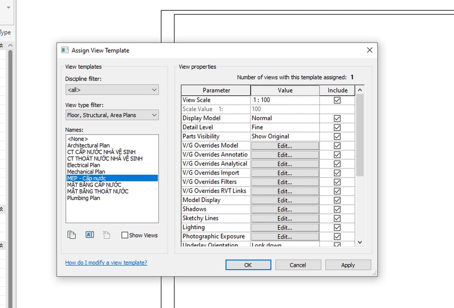 Hộp Assign View Template với danh sách template của tệp và bảng tham số kèm cột Include