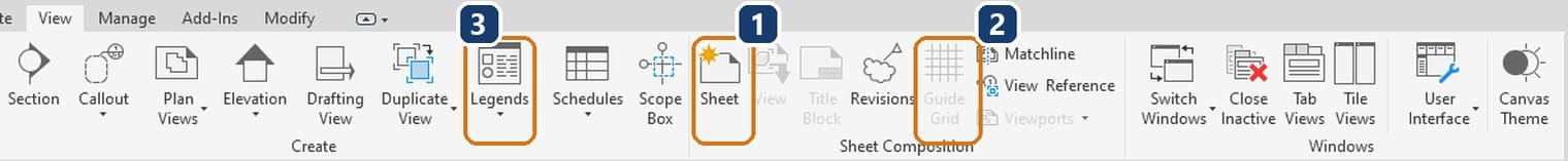 1 nút Sheet, 2 nút Guide Grid đang mờ, 3 nút Legends ở panel Create
