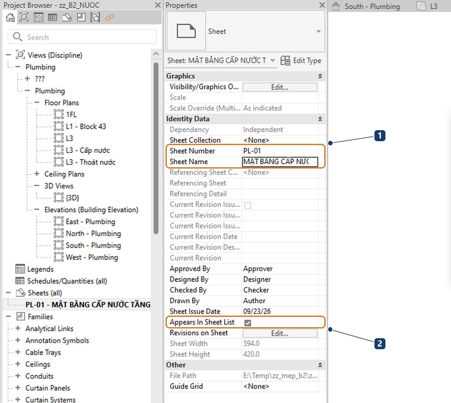 1 hai ô Sheet Number và Sheet Name, 2 ô Appears In Sheet List quyết định tờ có vào danh mục hay không