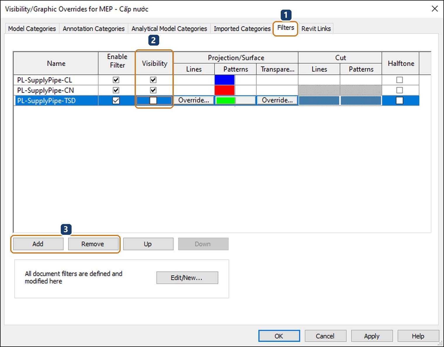 Thẻ Filters của Visibility/Graphic Overrides mở từ chính View Template, dòng thứ ba đã bỏ tick cột Visibility