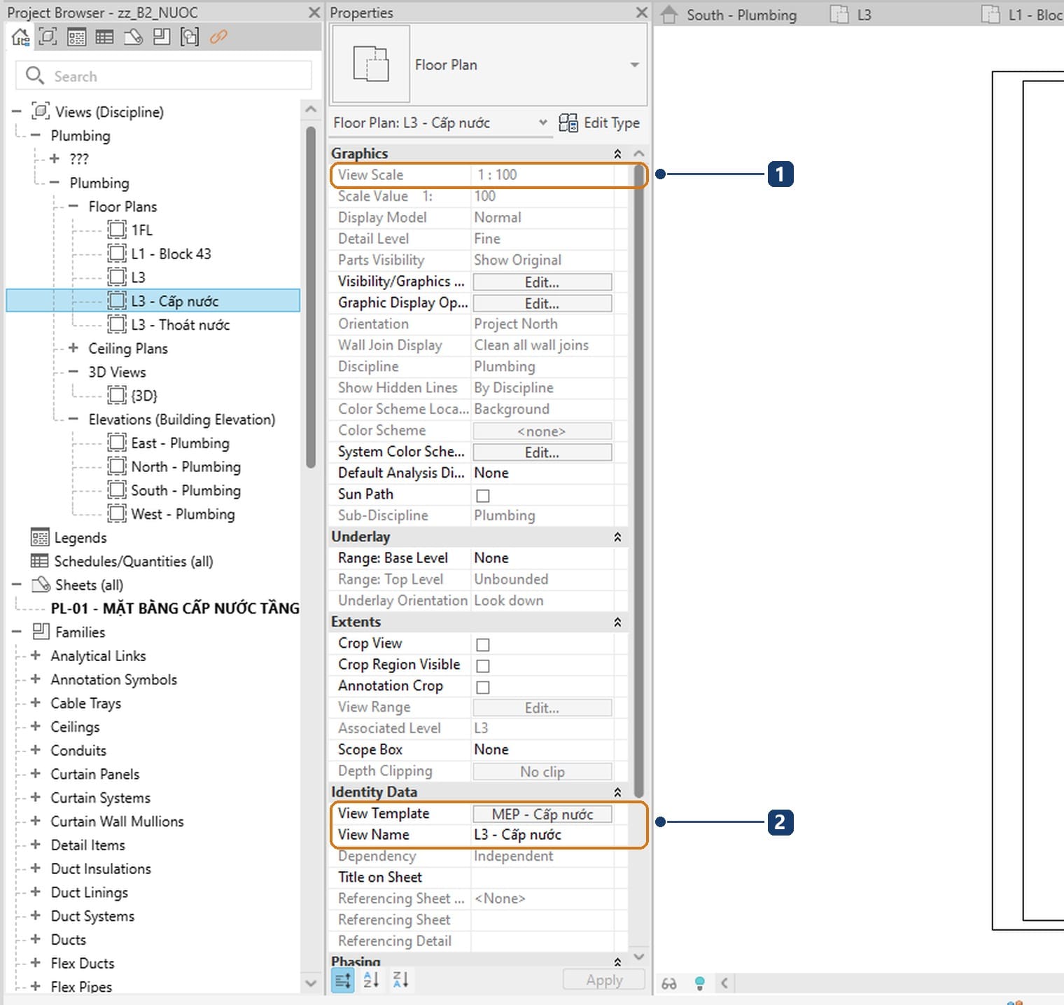 1 ô View Scale xám vì View Template đang giữ, 2 ô View Template và ô View Name của khung nhìn