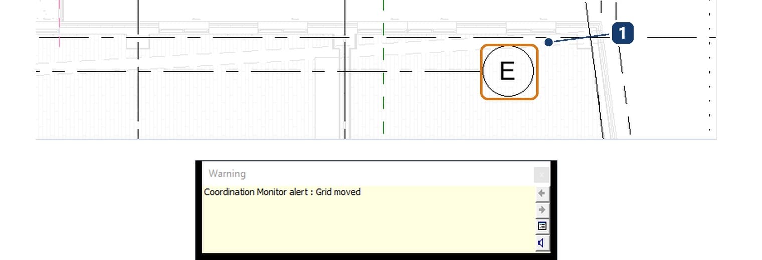 1 grid E moved off the linked model line, with the Coordination Monitor alert Grid moved box