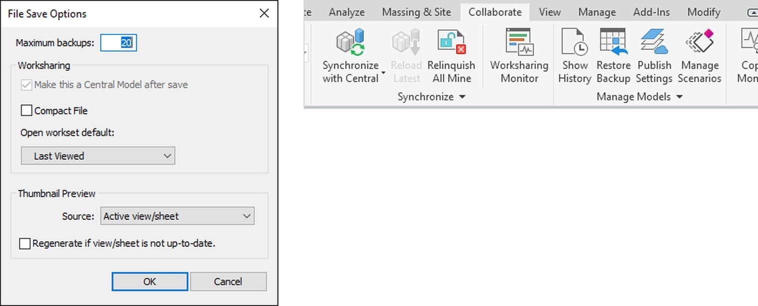 The File Save Options dialog with Make this a Central Model after save, and the Synchronize group live on the ribbon after saving