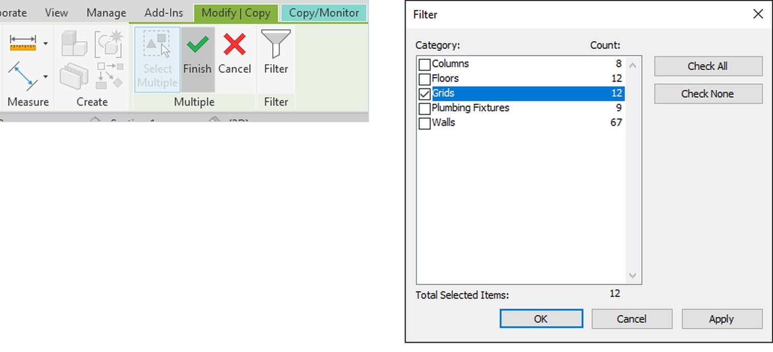 The Multiple panel and Filter button on the Modify Copy tab, with the Filter dialog cleared down to Grids only, 12 elements left