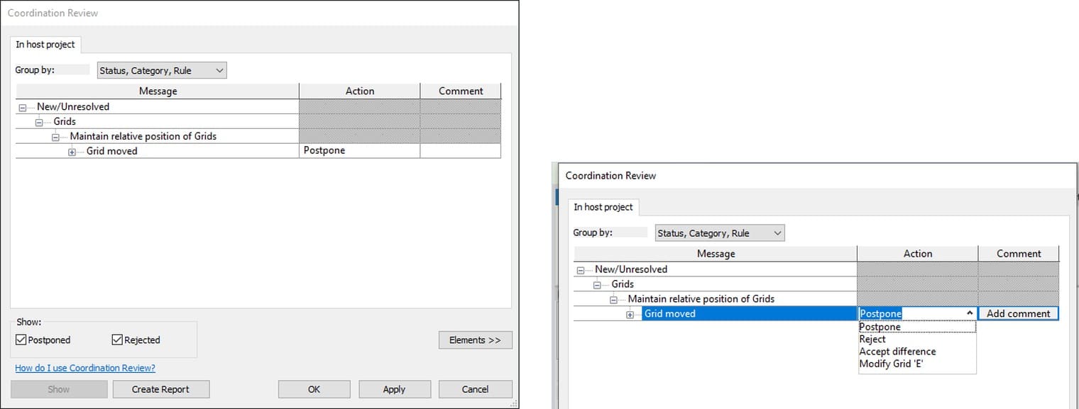 The Coordination Review dialog with its three level message tree, and the Action list offering Postpone, Reject, Accept difference and Modify Grid