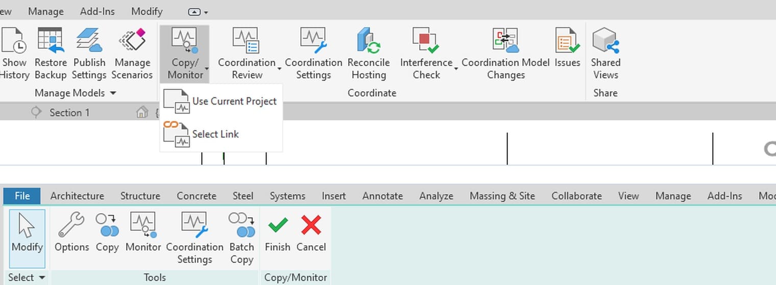 The Copy Monitor menu with Use Current Project and Select Link, and below it the Copy Monitor tab that appears once a link is picked