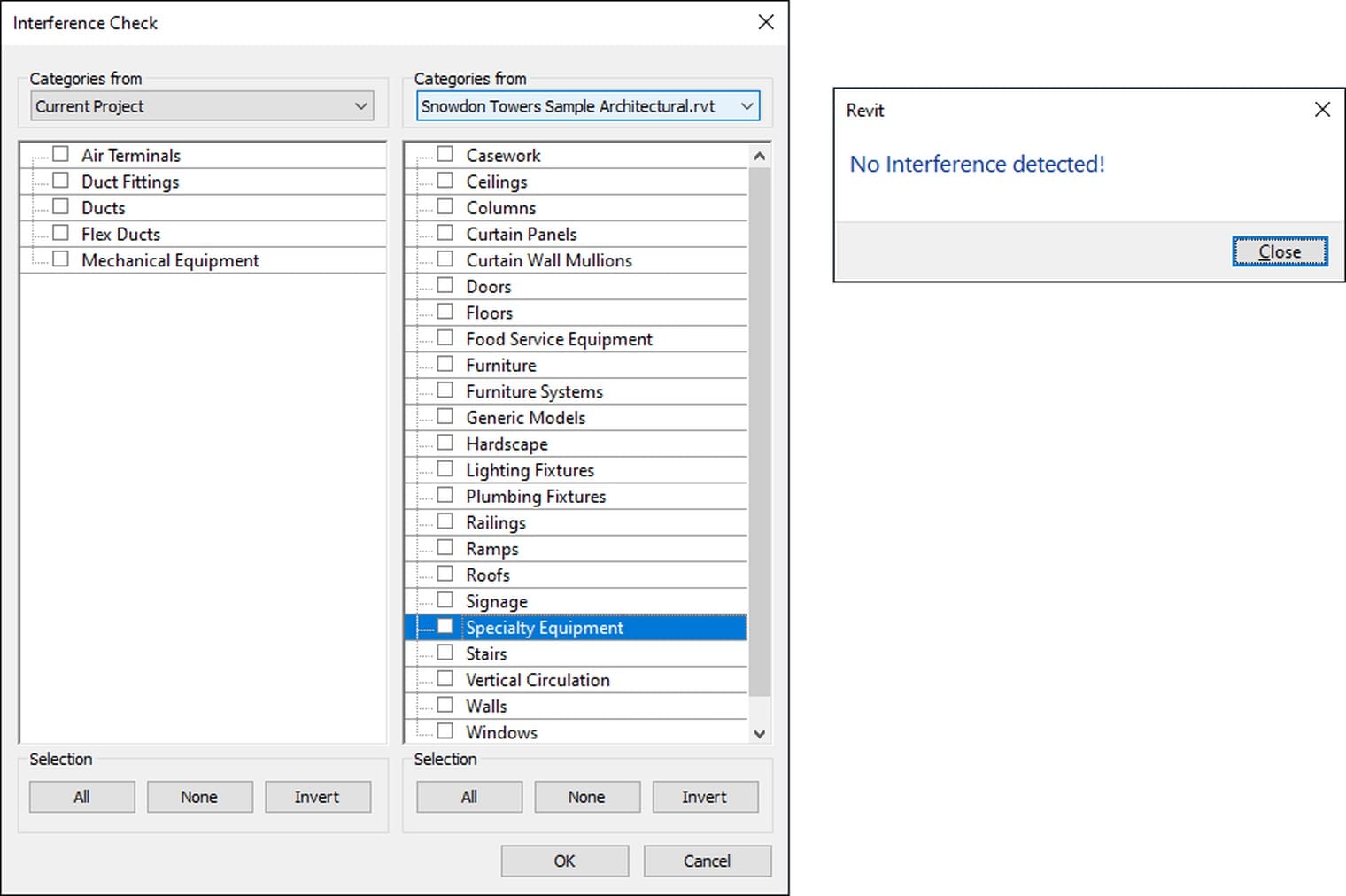 The Interference Check dialog with its right column pointed at the linked architectural file, and the No Interference detected message