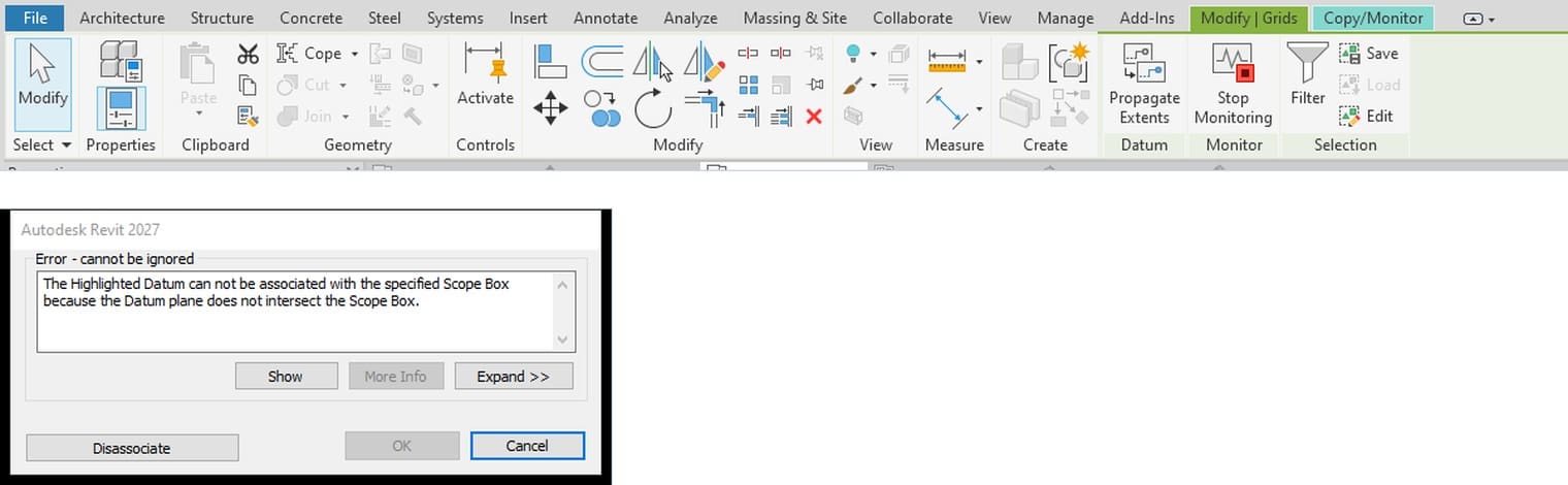 The Modify Grids tab with its Monitor panel and Stop Monitoring button, and below it the Scope Box error that cannot be ignored with its Disassociate button