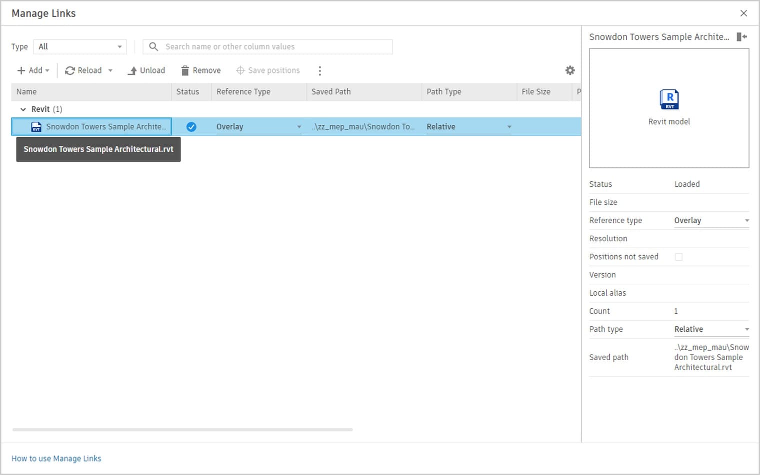 The Revit 2027 Manage Links dialog: the architectural link row, the Reload Unload Remove toolbar, and the detail pane reading Status Loaded, Reference type Overlay, Path type Relative