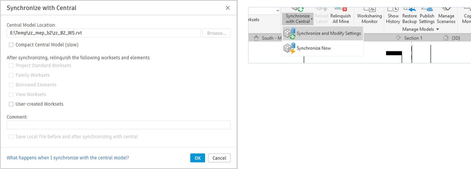 The Synchronize with Central menu offering Synchronize and Modify Settings and Synchronize Now, and the dialog with the central model path, the relinquish boxes and the Comment field