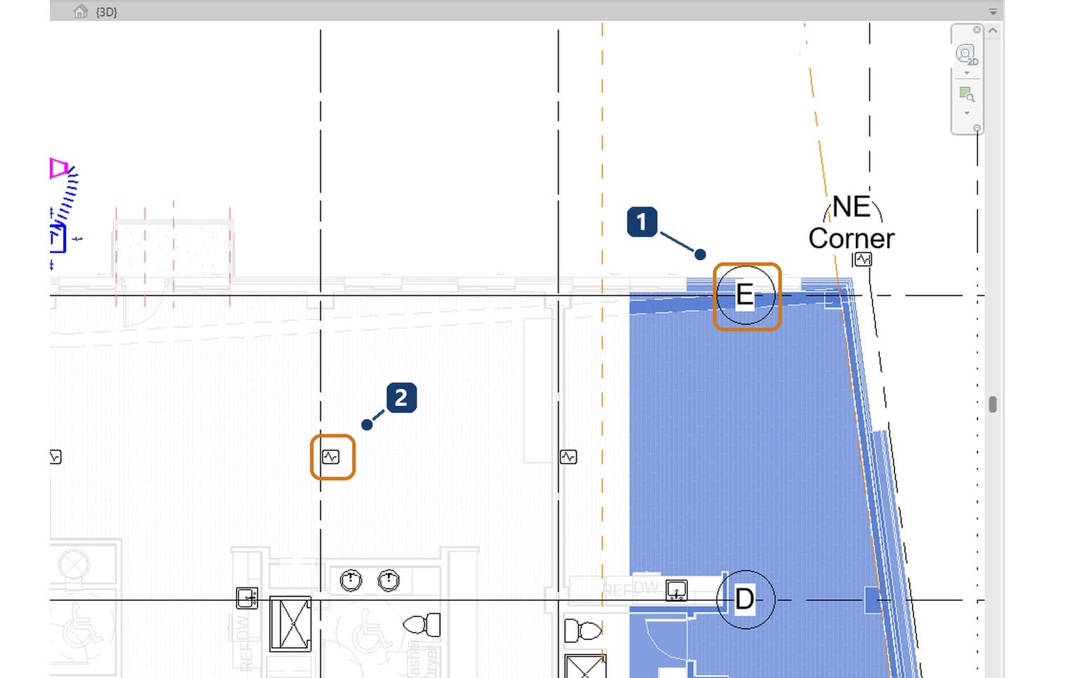 Grids copied from the linked architectural model into the MEP file, with the monitor markers of the Copy Monitor session