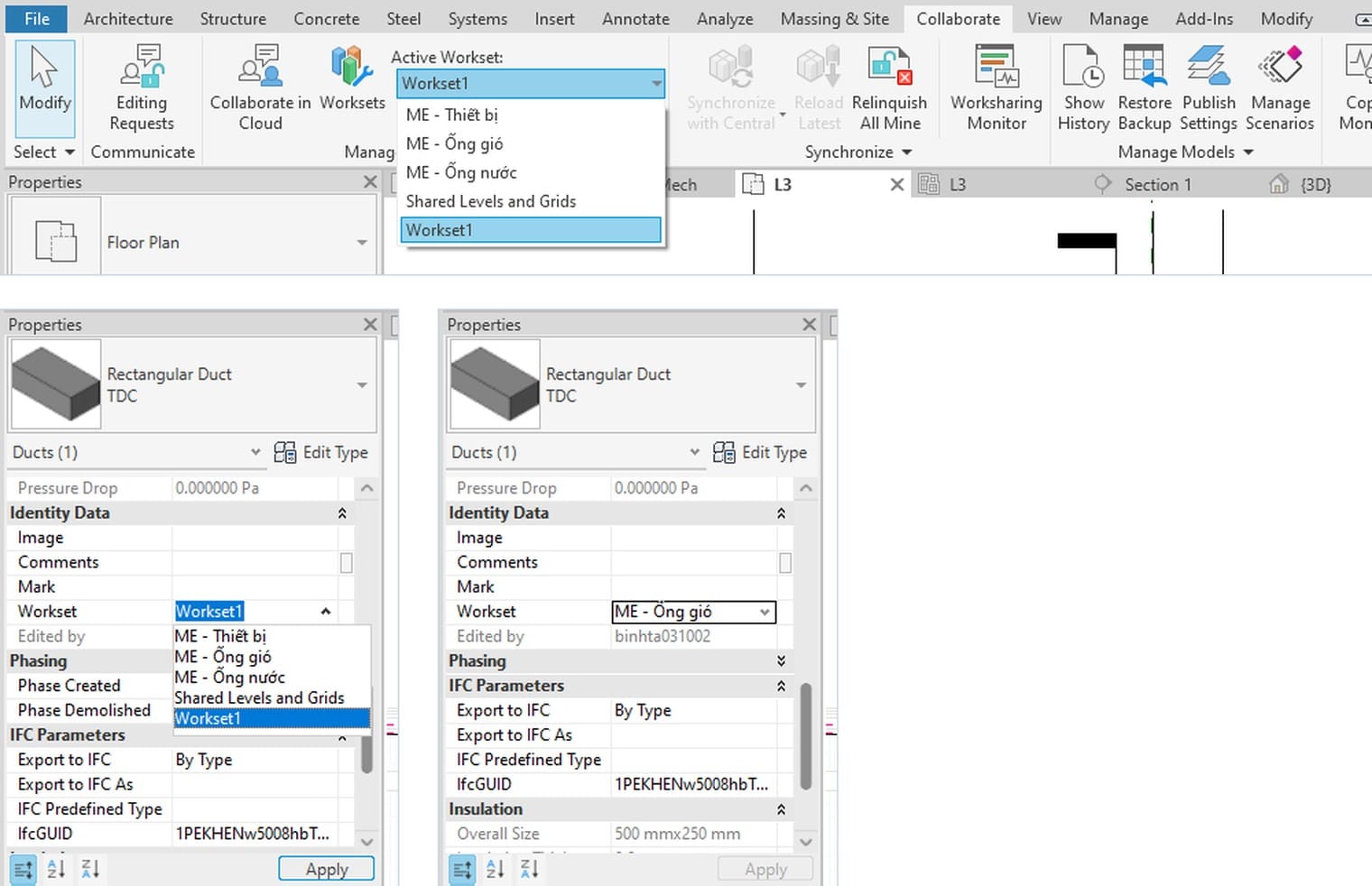 The Active Workset box on the Collaborate tab, and the Workset row in Properties for one duct before and after the change
