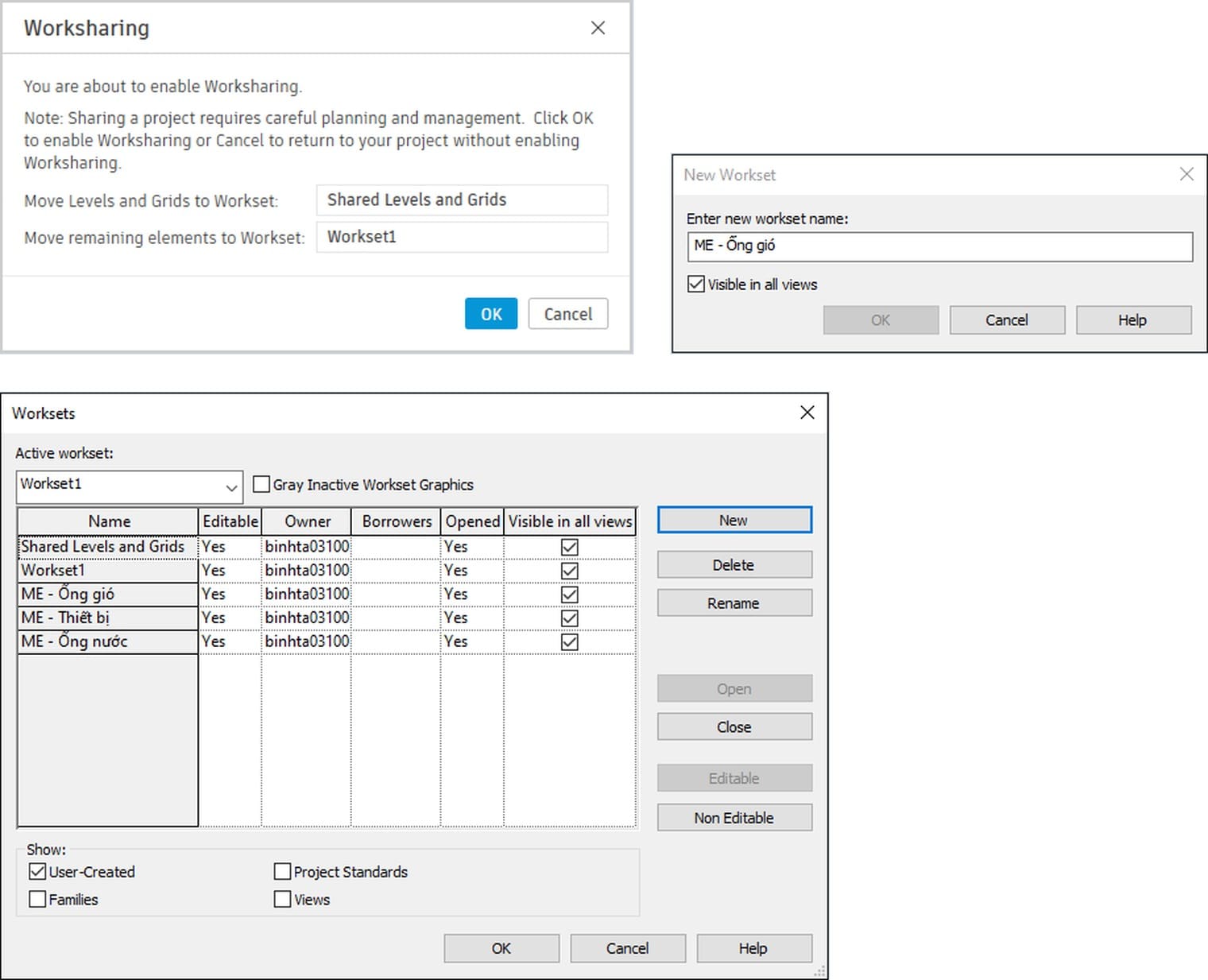 The Worksharing dialog on first use, the New Workset dialog, and the Worksets table after three worksets by service were added