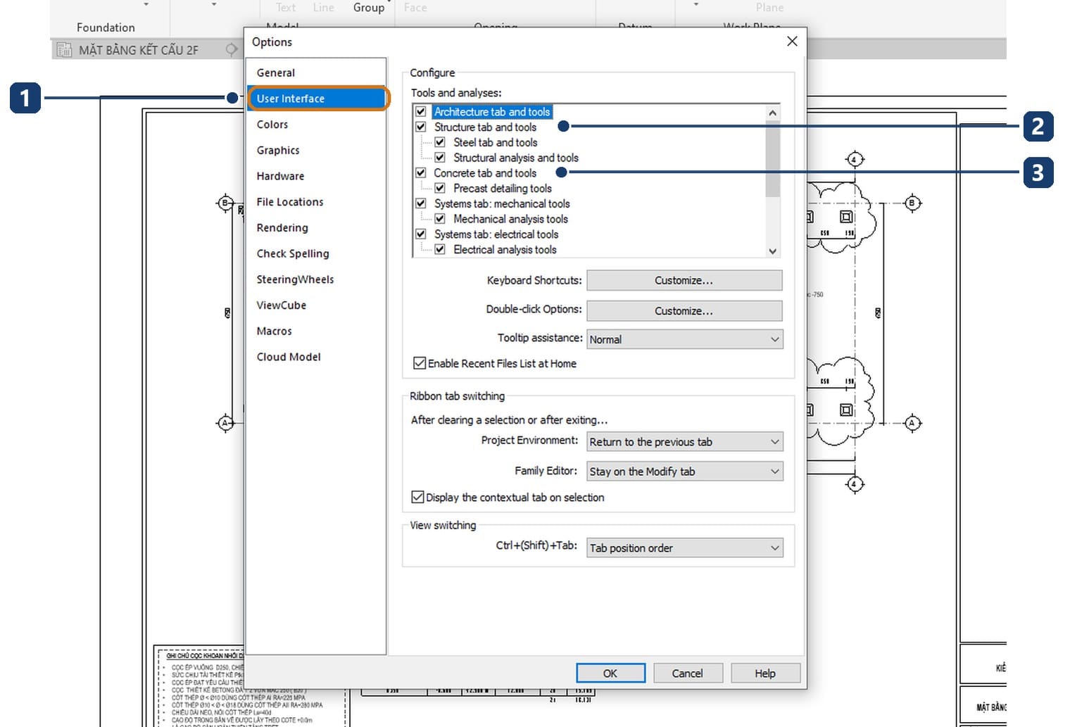 1 mục User Interface trong hộp Options; 2 ô tích Structure tab and tools; 3 ô tích Concrete tab and tools