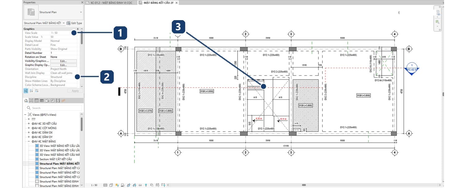 1 tỷ lệ khung nhìn 1 trên 50; 2 Discipline đặt là Structural; 3 mặt bằng kết cấu tầng hai sinh thẳng từ mô hình