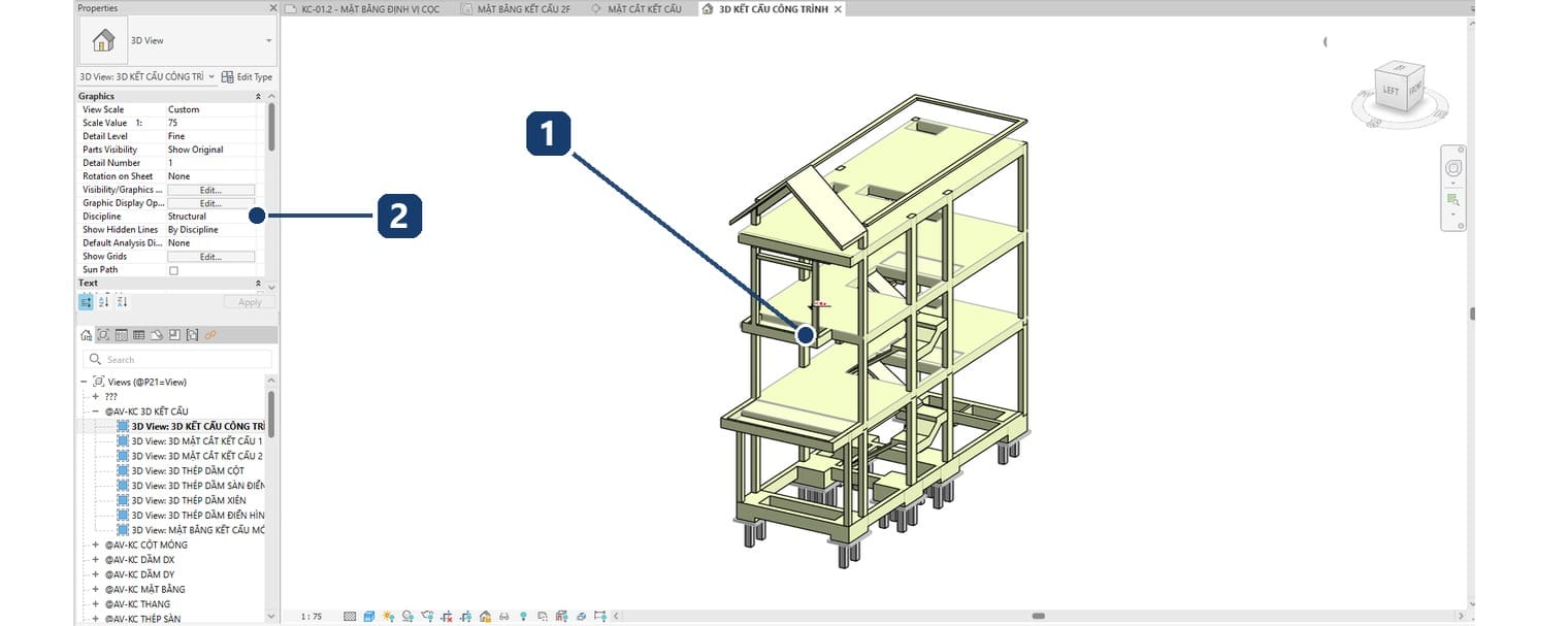 Mô hình kết cấu ba chiều của công trình ví dụ dựng trong Revit 2027