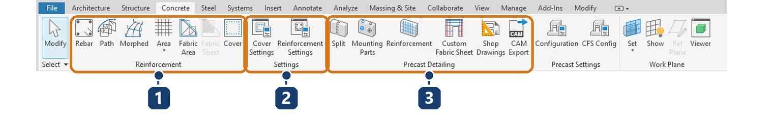 1 panel Reinforcement; 2 panel Settings; 3 panel Precast Detailing trên thẻ Concrete của Revit 2027