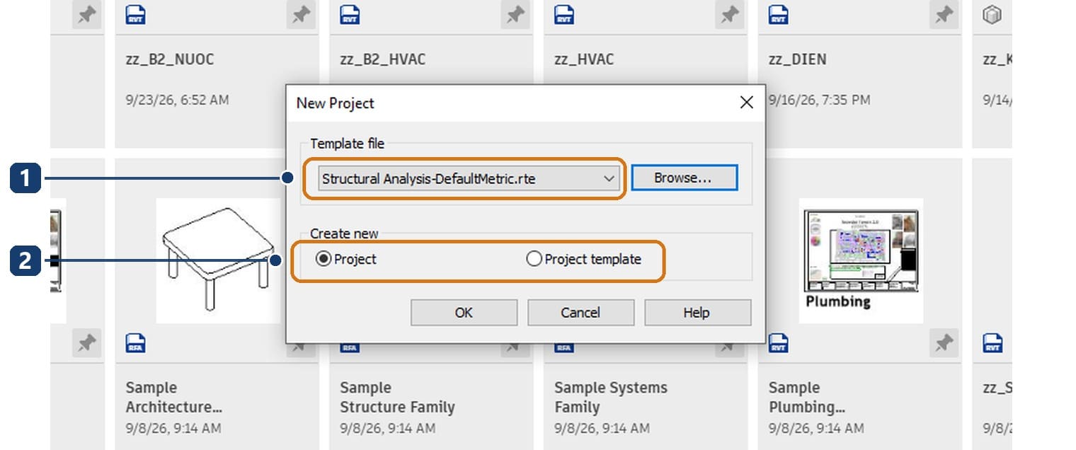 1 the Template file box now naming the metric structural template; 2 the Create new group left on Project