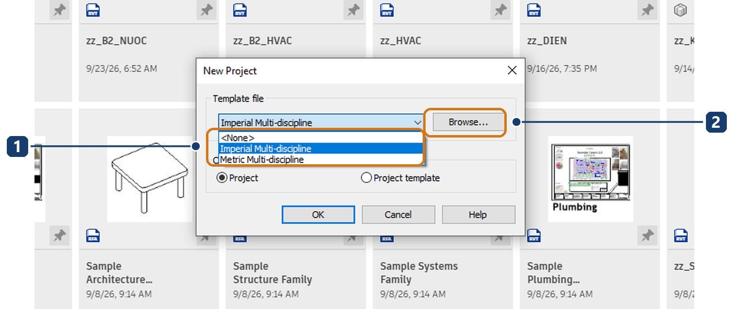 1 the default template list with only three entries; 2 the Browse button for finding another template
