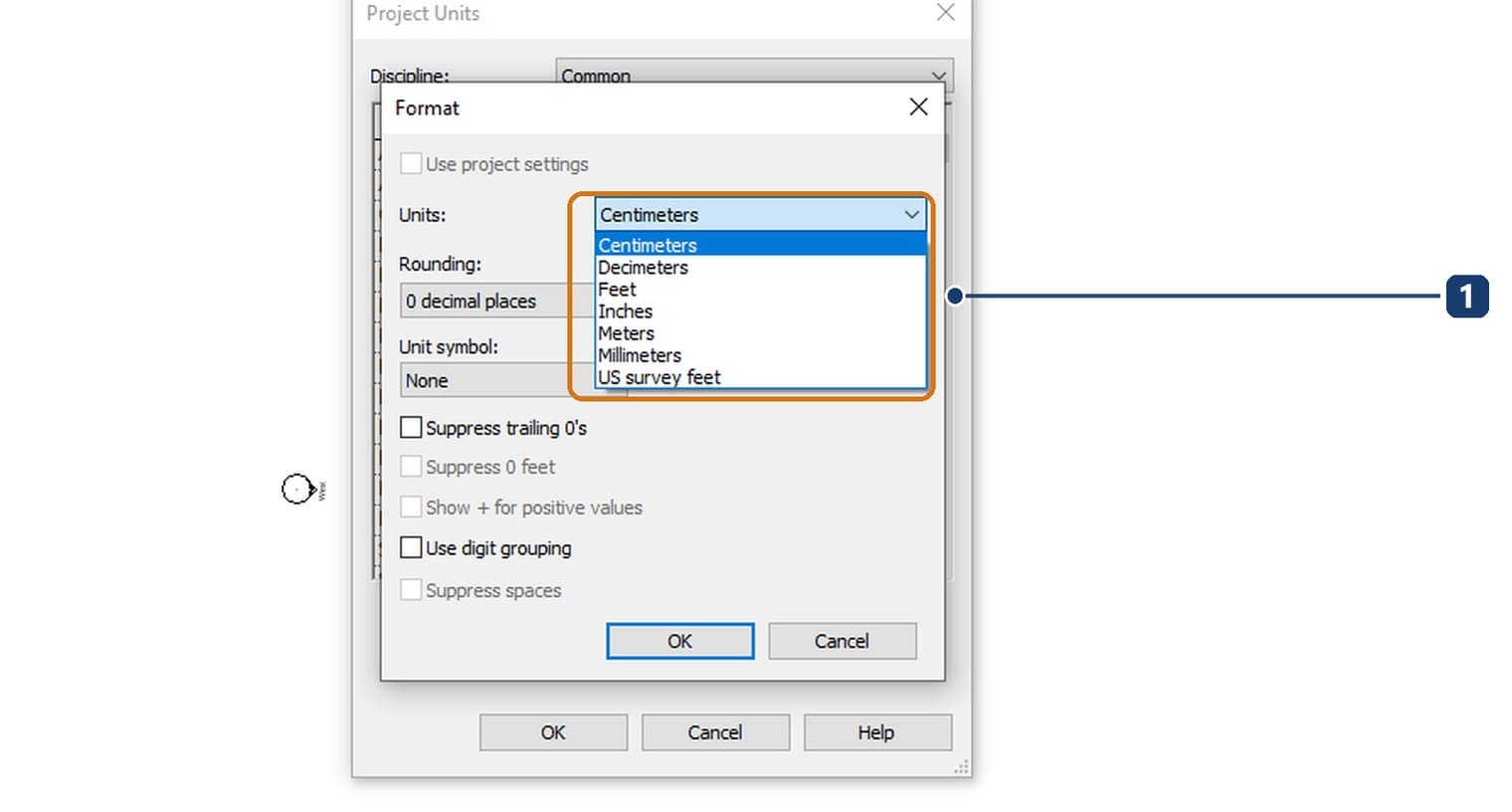 1 the length unit list in the Format dialog, with Millimeters chosen for the Distance row