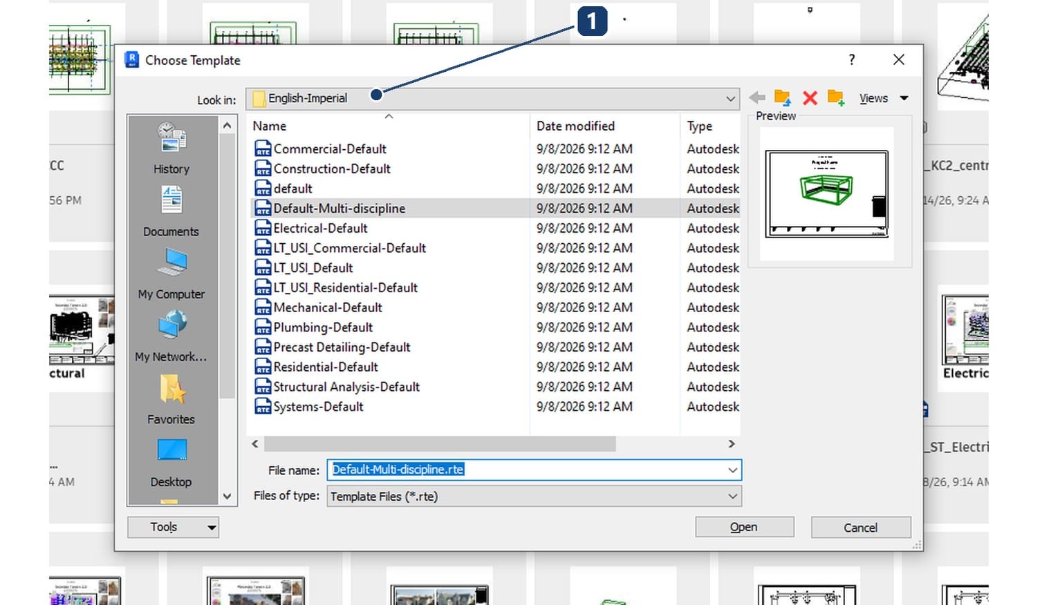 1 the Choose Template dialog opening into the English-Imperial folder of the imperial set
