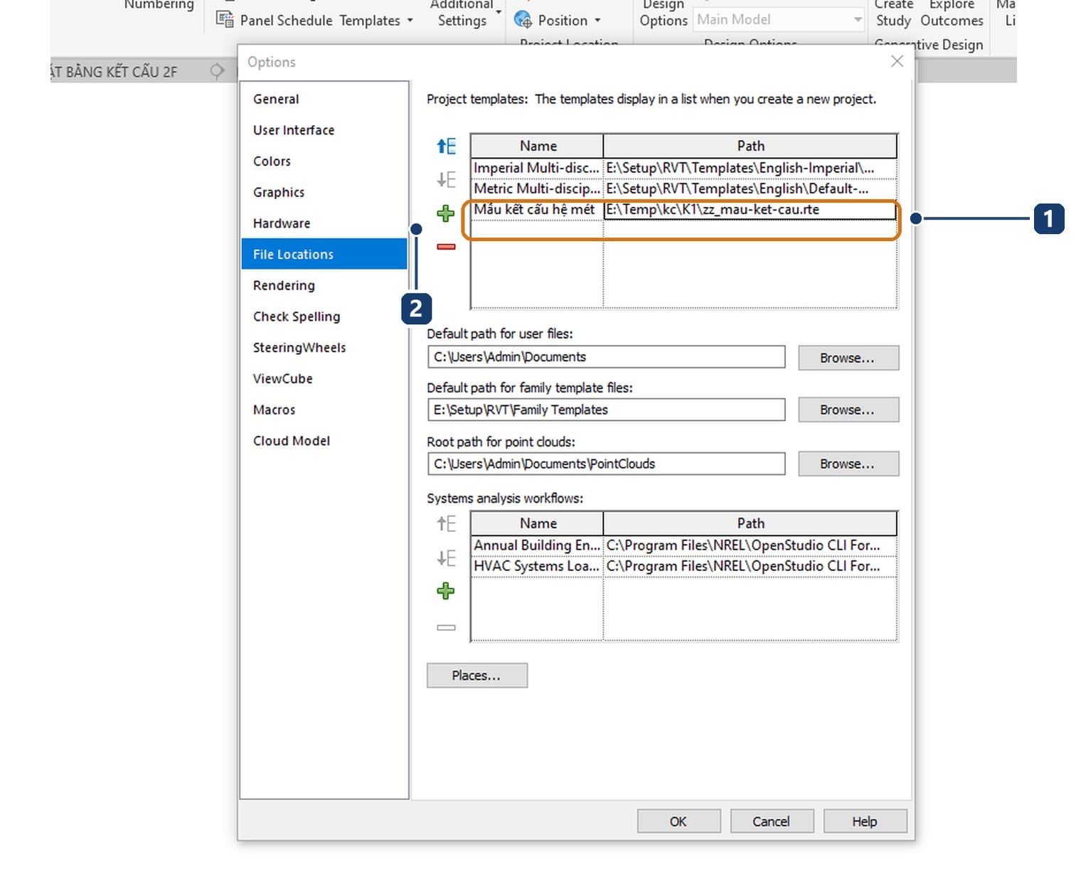 The new structural template registered in the Project templates table of the Revit 2027 Options dialog