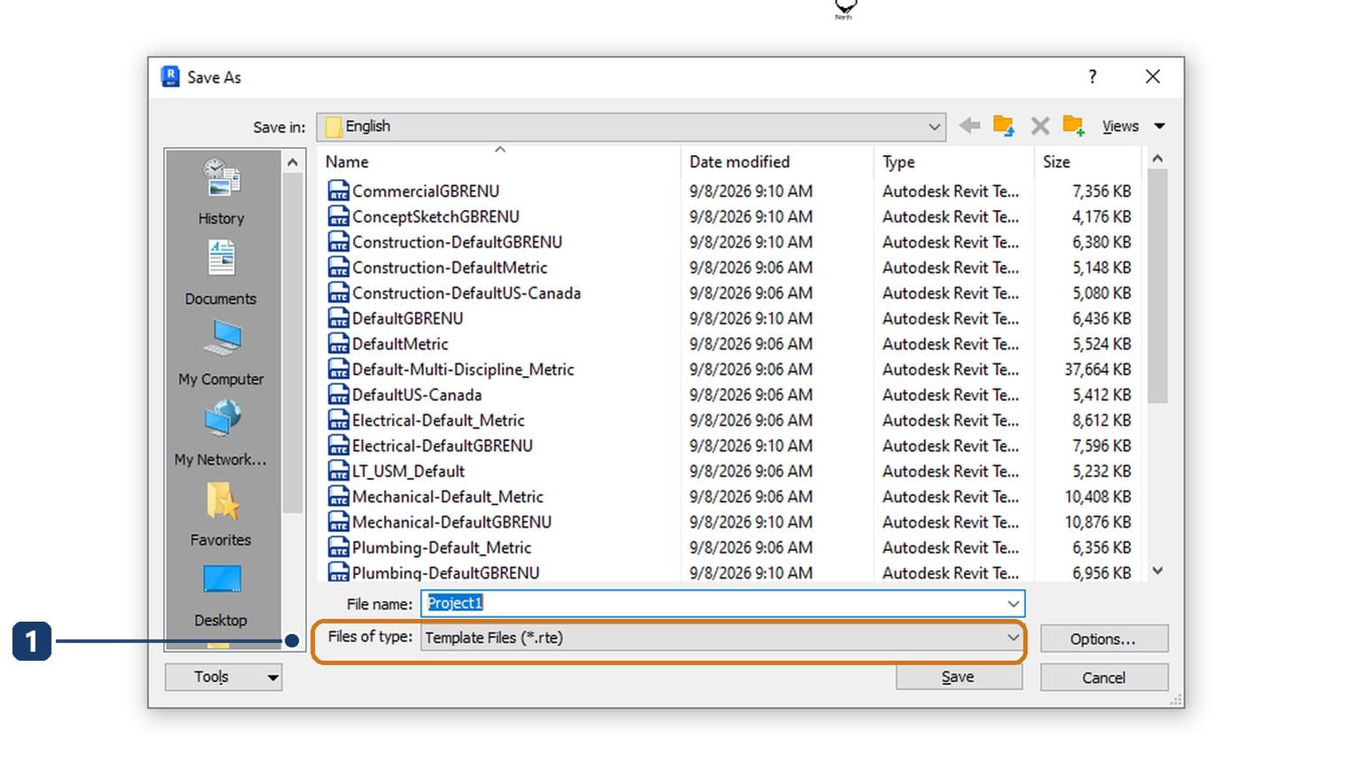 1 the Files of type line already set to Template Files with the rte extension in the Save As dialog
