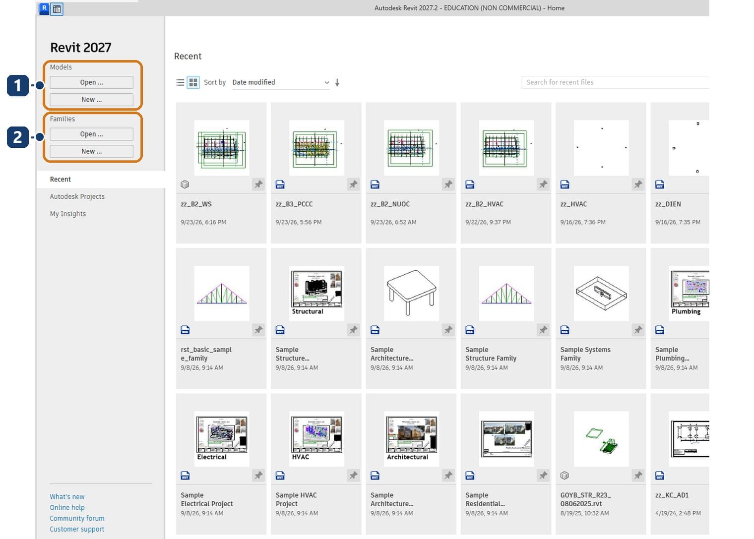 1 the Models group for project files; 2 the Families group for component library files on the Revit 2027 Home screen