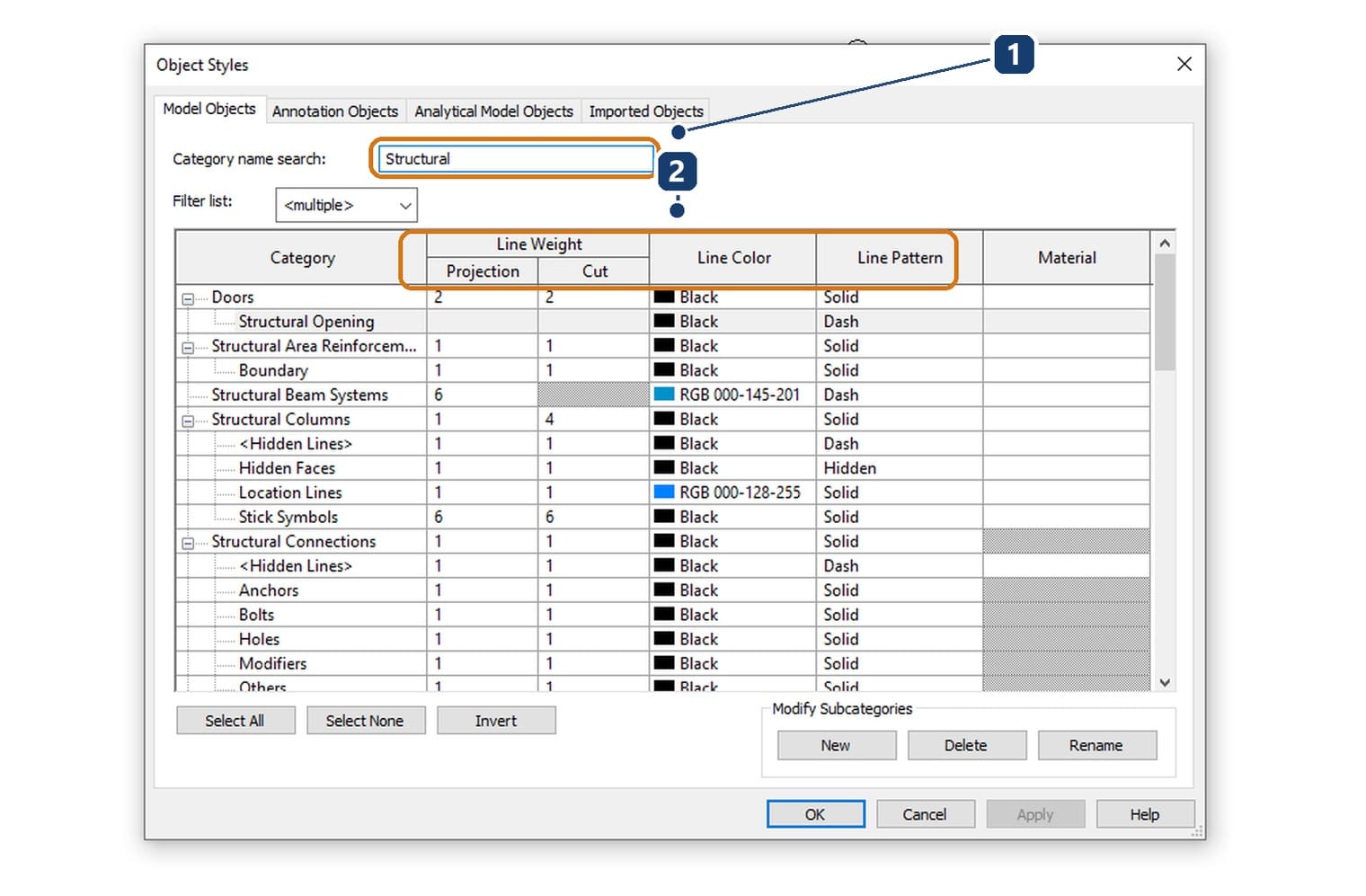 1 the category search filtered to Structural; 2 the four line settings for each structural category