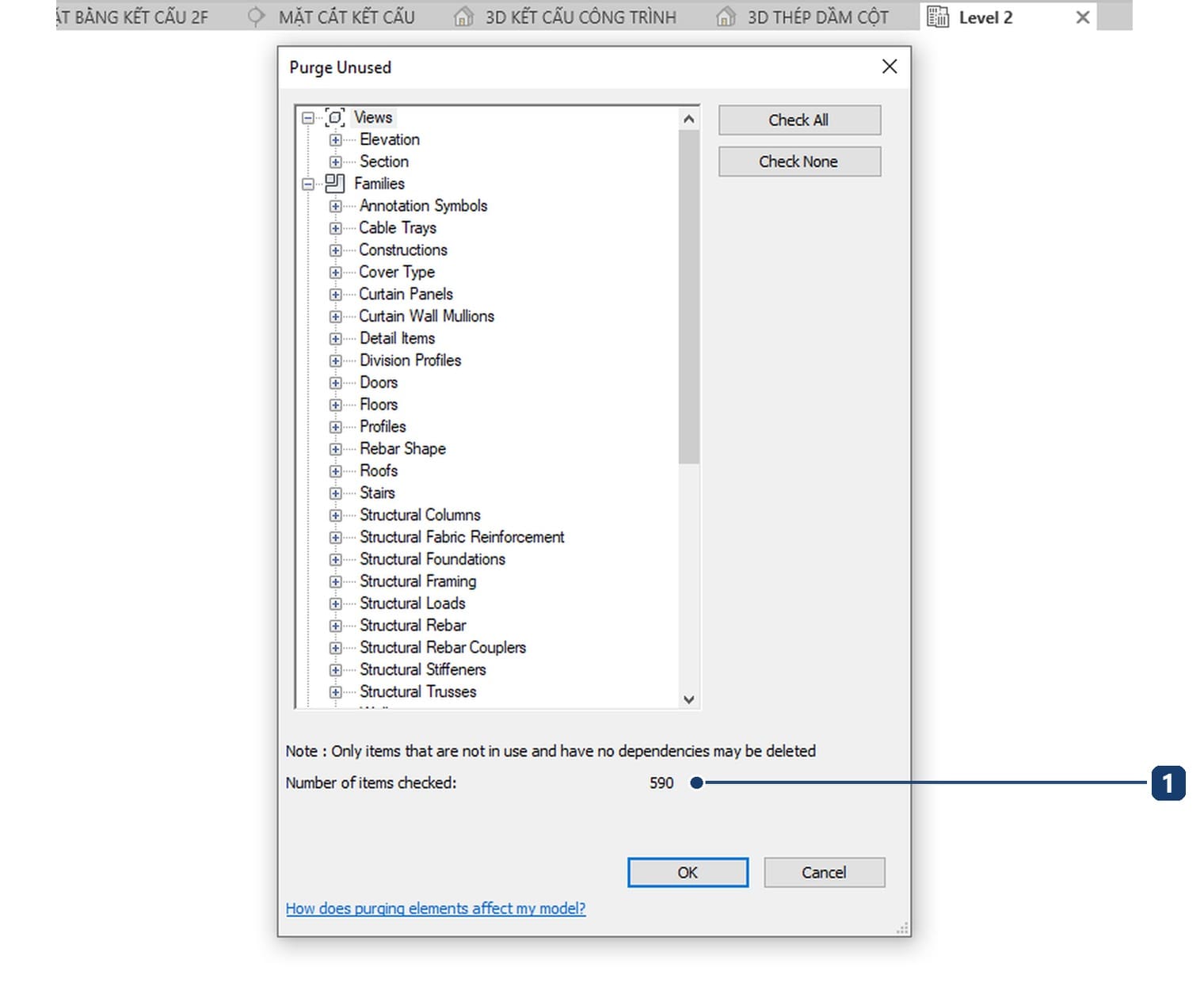 1 the Number of items checked line reading 590 unused items in the stock structural template