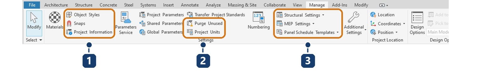 1 Object Styles and Snaps; 2 Purge Unused and Project Units; 3 Structural Settings on the Manage tab