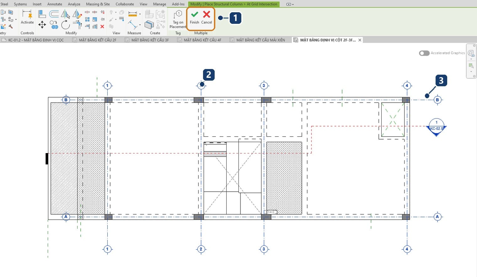 1 the Finish and Cancel buttons on the Multiple panel. 2 a selected grid in one direction. 3 a selected grid in the other