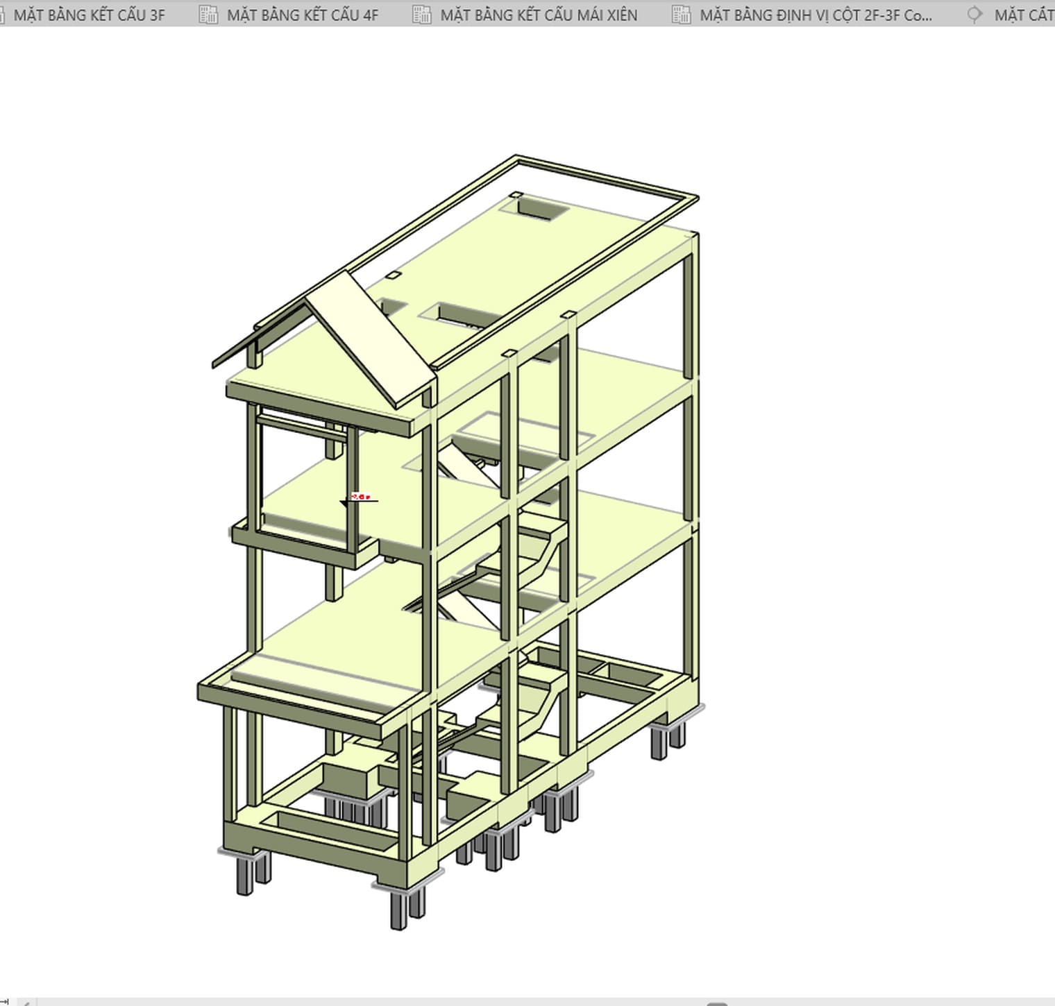 The concrete frame of a four-storey house modelled in Revit 2027, with columns running from the piles up to the roof